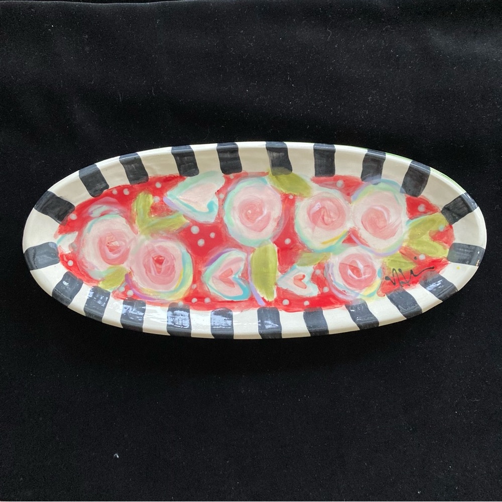 Handmade Ceramic Serving Tray” Hearts &Peonies Design 13”x5.5”Original Design